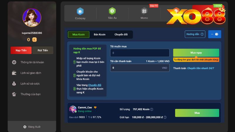 Các hội viên có thể mua Kcoin từ đại lý nhà cái hoặc người chơi khác làm vốn cược game